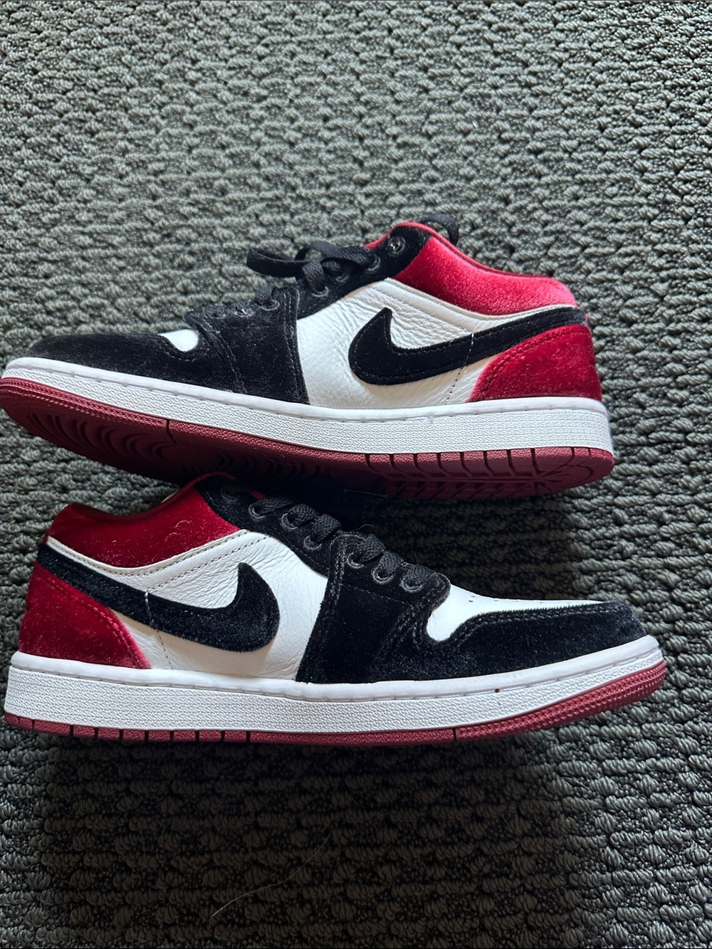 NWOB NIKE Air Jordan  Black, White & Red velvet and leather Athletic Sneakers